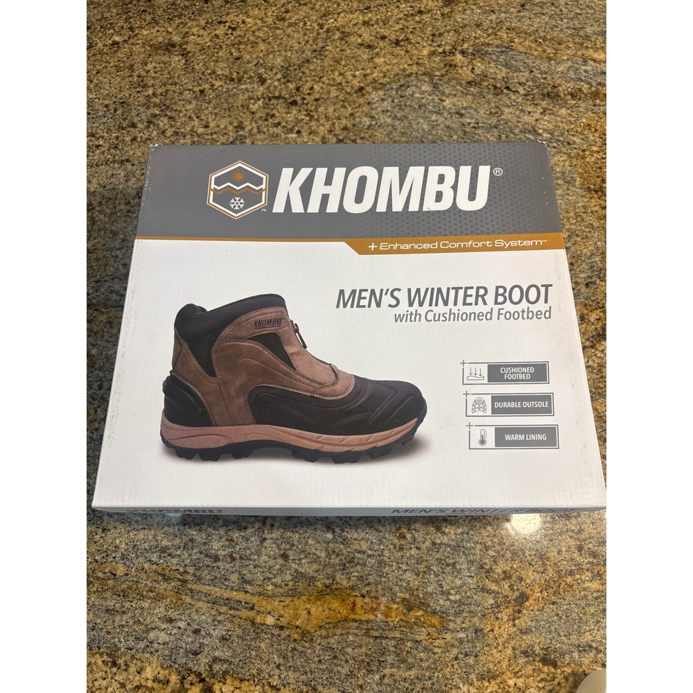 Khombu Cliff Mens Winter Boot Brown Black Front Zip‎ Faux Fur Lined Size 13